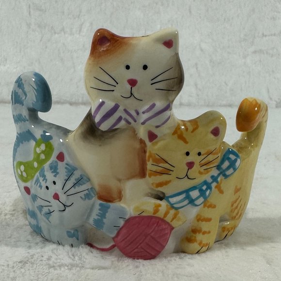 Vintage Pillar Candle Holder Three Cats Ceramic 3.5" Whimsical - Picture 1 of 7